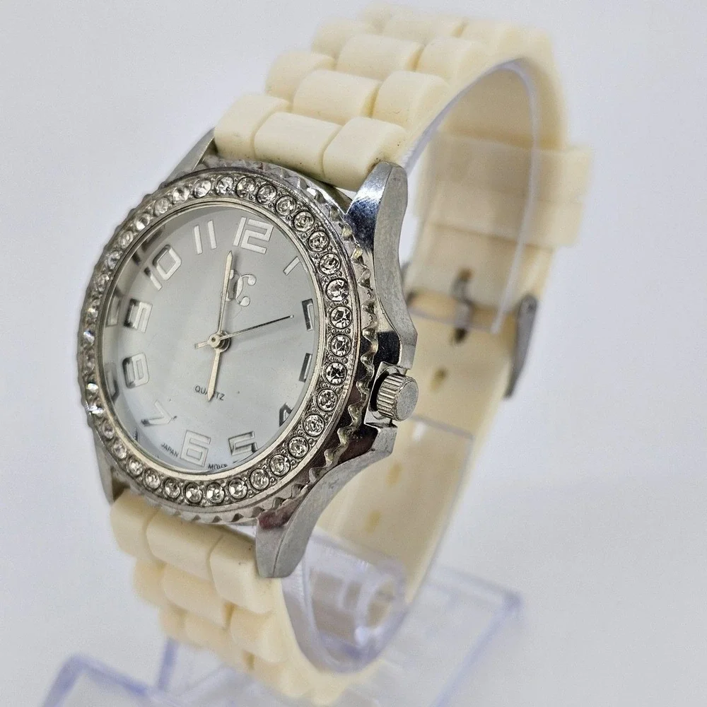 Women's Watch‎ 38MM White Dial Gray Case Cream Plastic Band Straps New Battery